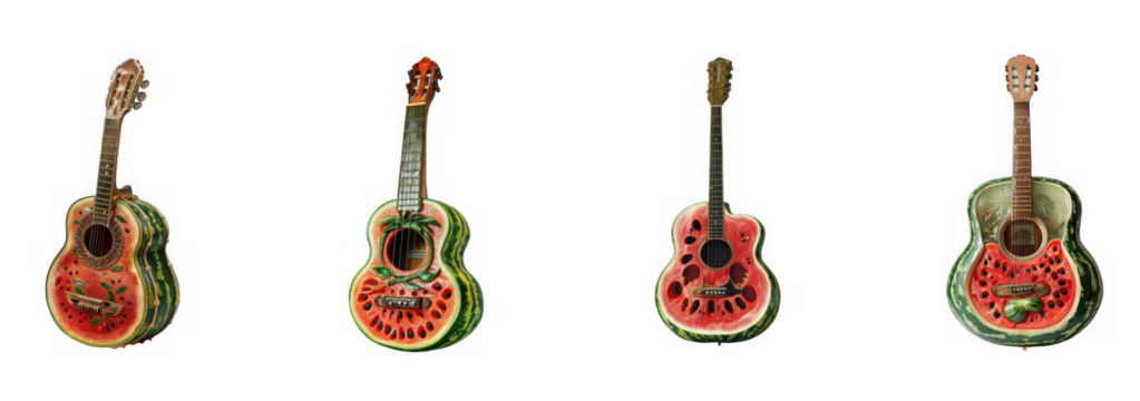 Four guitars made from watermelon slices and rind, with a wooden neck and strings, isolated on transparent background