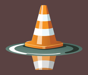 Heavy Duty Traffic Safety Cone with Orange Stripes Floating in a Puddle of Water on a Wet Construction Street