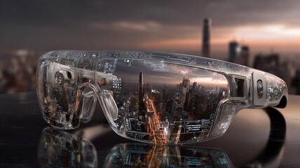 Futuristic smart glasses display a glowing cityscape against a twilight sky. A symbol of augmented reality, blending tech with our view of the world.