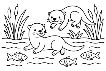 Playful otters in a pond with fish in cute outline style art