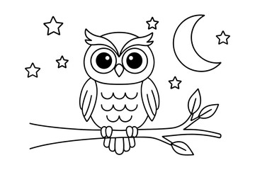 Fototapeta premium Cute owl on branch with moon and stars in black and white line art