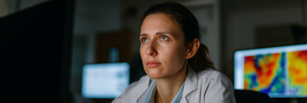 A focused scientist deep in thought at work late at night, showcasing dedication and concentration in the lab with screens displaying complex data behind her.