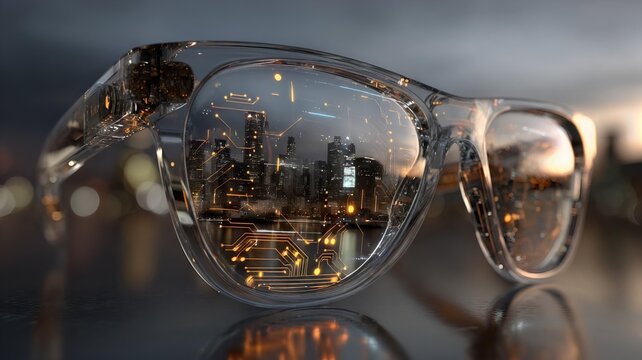 Futuristic smart glasses with glowing circuits reflect a neon cityscape. A vision of augmented reality, where digital layers blend seamlessly with the physical world.