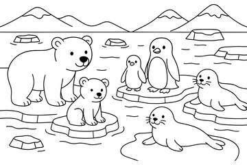 Obraz premium Cute polar animals on ice: coloring page featuring bear, penguin, seal family in arctic scene