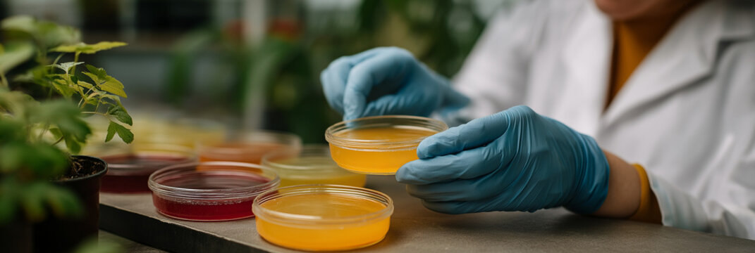 This image features a scientist in a lab coat, carefully analyzing vibrant petri dishes filled with colorful substances, revealing scientific exploration and research. - Powered by Adobe