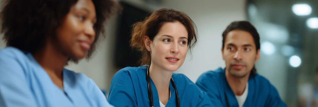 In this image, three medical professionals are engaged in a team discussion, representing collaboration, care, and commitment in a healthcare setting.