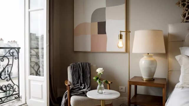 Elegant Bedroom Interior with Balcony - This video shows a bright and stylish bedroom with a view of a European city skyline from an open balcony.