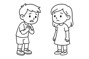 Naklejka premium Children talking: expressing emotions through body language in black and white cartoon art