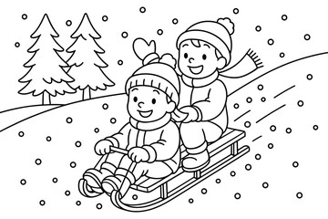 Winter fun: children sledding downhill in snowy landscape coloring page
