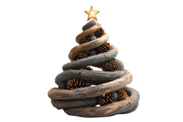 A unique, artistic Christmas tree made of rustic wood and pinecones, topped with a golden star on a white isolated background.