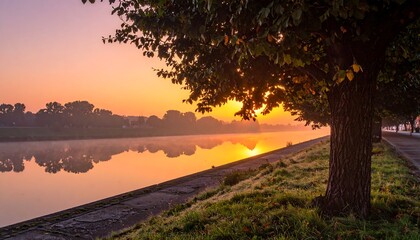 Serene Sunrise Over Canal with Tree Silhouette and Reflections.