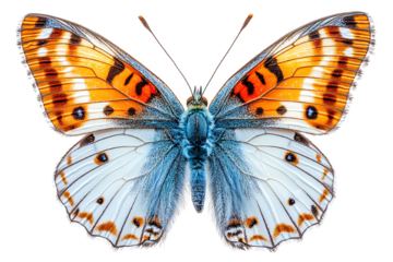 A stunning butterfly with vibrant orange and blue wings, showcasing intricate patterns, against a white isolated background.