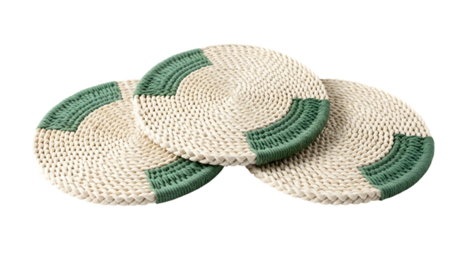 Set of three round woven coasters isolated on transparent background