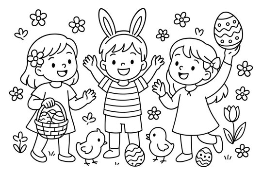 Cute children celebrating easter with eggs and chicks in springtime scene
