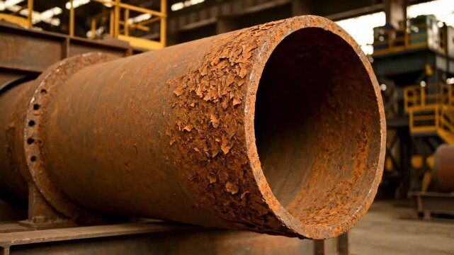 Heavily Rusted Industrial Pipe - This video shows a close-up of a large, rusty metal pipe sitting on a metal support structure within a large industrial building.