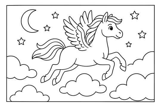 Magical pegasus flying through nighttime sky with stars and clouds coloring page