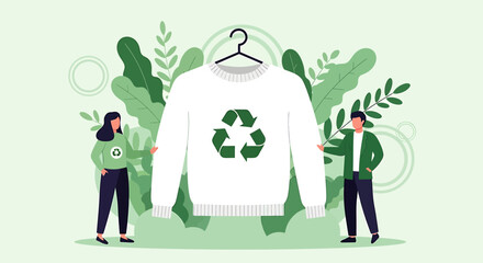 Sustainable fashion concept with people holding a white sweater featuring a green recycling symbol surrounded by lush green leaves and plants.