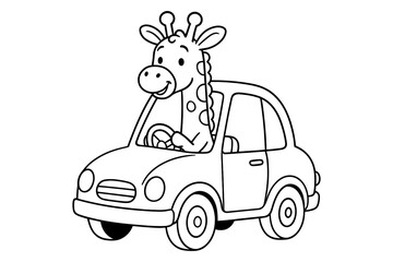 Cute giraffe driving cartoon car coloring page for kids fun