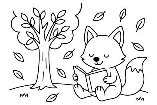 Cute fox reading under a tree in calm autum scene coloring page