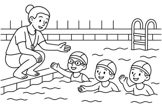 Swimming coach instructing kids with fun and engaging lesson in pool setting