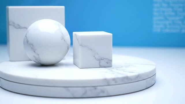 Marble Geometric Still Life - A clean, minimalist shot featuring a sphere and two cubes with a marble texture, arranged on a round marble platform.