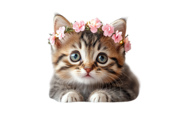 Adorable kitten with a floral crown on a white isolated background.