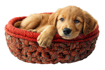 Adorable puppy resting in a woven basket, showcasing its playful personality and gentle demeanor.