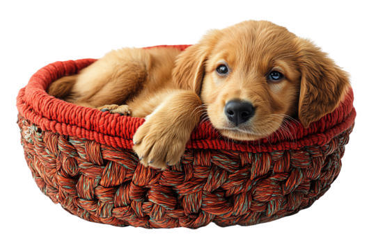 Adorable puppy resting in a woven basket, showcasing its playful personality and gentle demeanor.