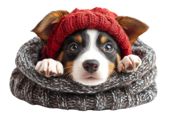 Adorable puppy wearing a red knitted hat, nestled in a cozy gray scarf, on a white isolated background.