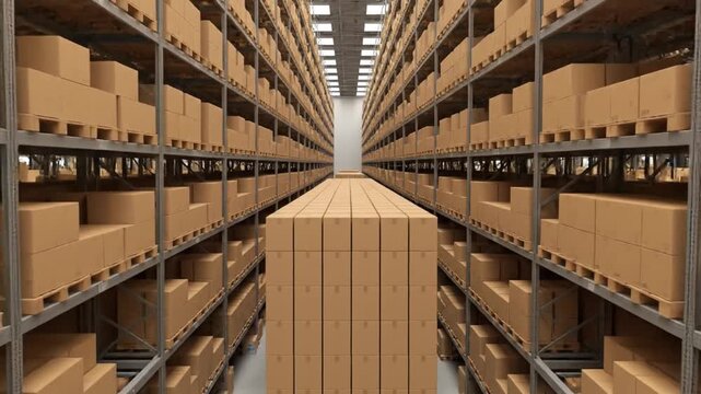 Cinematic zoom-out from a single cardboard box to reveal an immense and perfectly organized warehouse with endless aisles of shelves