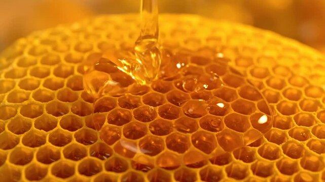 Honeycomb Close-up with Dripping Honey - A macro shot showcases a honeycomb filled with viscous golden honey, and more honey being poured onto it.