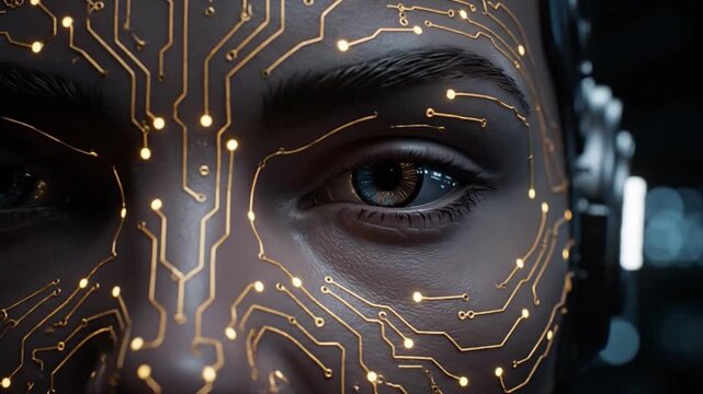 Mesmerizing close-up of a cybernetic face with golden circuits on the skin, as its artificial eye performs a slow, emotional blink