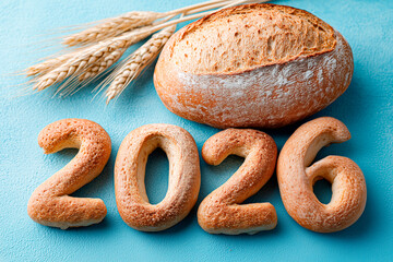 Freshly baked bread forming the number 2026 with a rustic loaf and wheat ears on a blue background, symbolizing harvest and the new year.