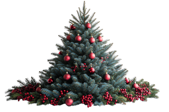 Beautiful Christmas tree adorned with red ornaments and berries, perfect for festive decorations and holiday celebrations. - Powered by Adobe