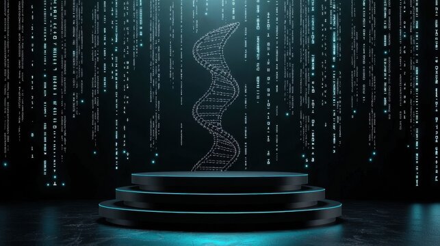 Glowing digital DNA helix above futuristic podium with binary code background - Powered by Adobe