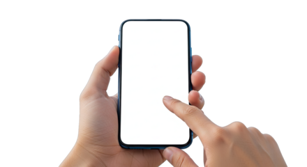 Hands holding a smartphone with a blank white screen and a finger touching it