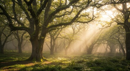 Sunlit forest canopy majestic trees and atmospheric light rays