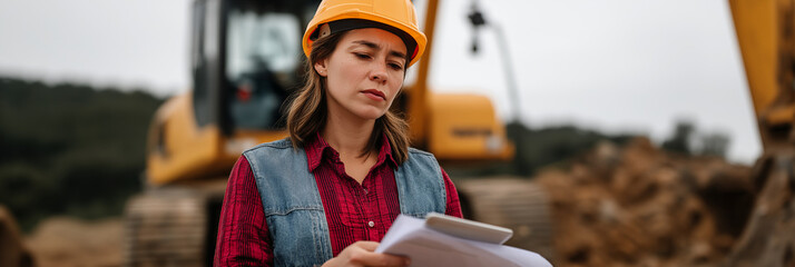 In this image, a focused female engineer reviews plans on a construction site, illustrating women's growing presence in the traditionally male-dominated engineering field.