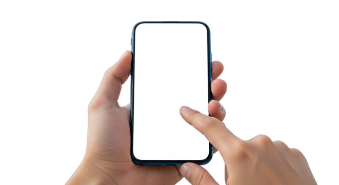 Hands holding a smartphone with a blank white screen and a finger touching it