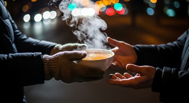 Hands sharing a steaming bowl of hot soup on a cold night, warm gesture against colorful city bokeh lights - Powered by Adobe