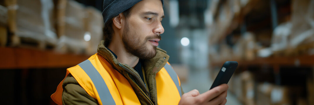 This image captures a warehouse worker checking their mobile device while surrounded by supplies, demonstrating the modern integration of technology in inventory management.