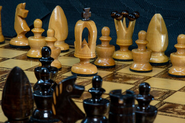 Vintage wooden chess set close-up