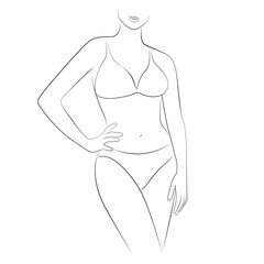 Woman poses in a bra and panties line drawing on white isolated background. A model demonstrates lingerie