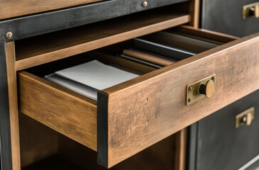 Wooden office drawer with metal handle and documents organized inside cabinet