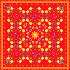 Red shawl with embroidered yellow, orange, purple flowers and decorative frame. Floral embroidery