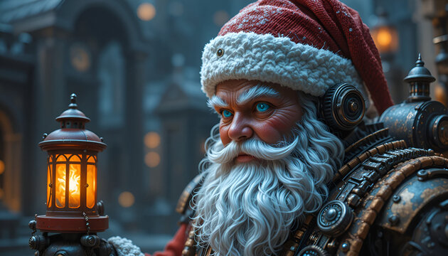Steampunk santa claus holding a lantern with a determined expression in winter