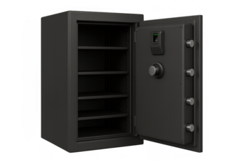 Open smart safe with biometric fingerprint lock and combination dial, illustrating protection, security, and storage on transparent background