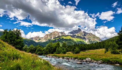 Majestic Mountain Landscape with Flowing River and Dramatic Sky.