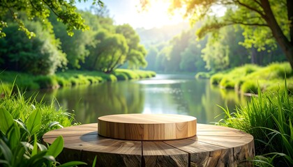 Wooden podium on a tree stump by a tranquil river.