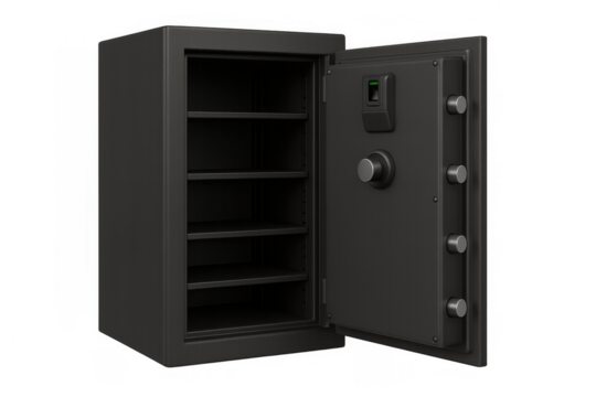 Open smart safe with biometric fingerprint lock and combination dial, illustrating protection, security, and storage on transparent background